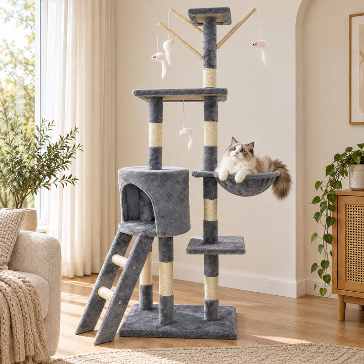 Full view of BelleVie HavenTower 140 grey cat tree with cat in a warm living room