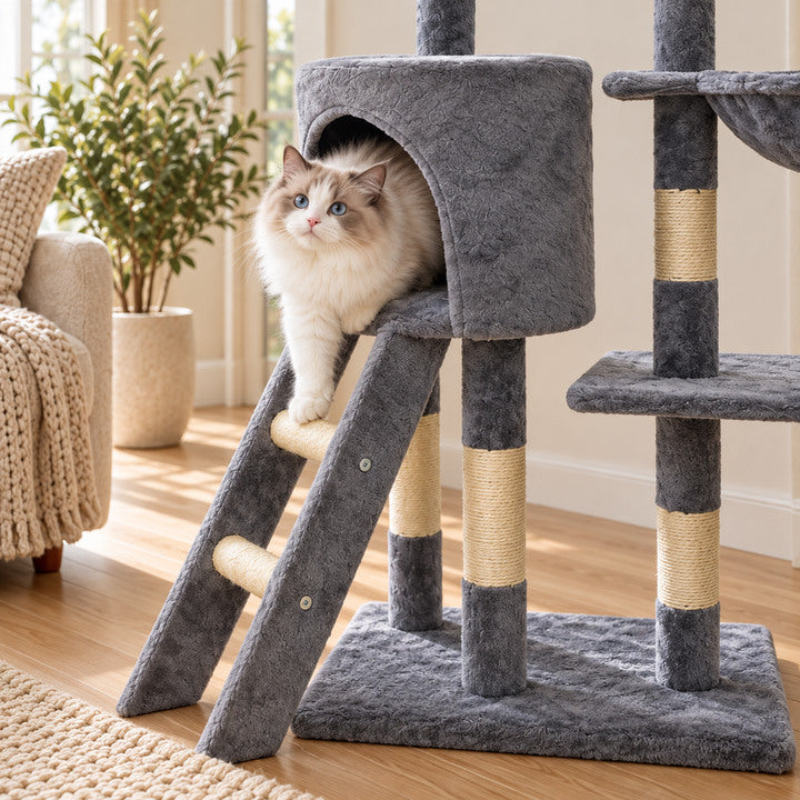 Cat emerging from the enclosed condo above the ladder on HavenTower 140