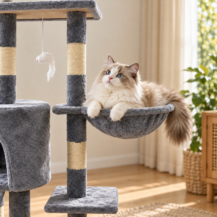 Cat relaxing in the plush hammock on BelleVie Pets HavenTower 140