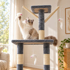 Cat playing with dangling mouse toys on HavenTower 140 upper platform