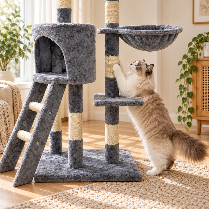 Cat stretching on natural sisal scratching posts of BelleVie HavenTower 140
