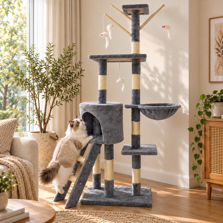 BelleVie HavenTower 140 cat tree with a cat climbing the ladder in a bright home