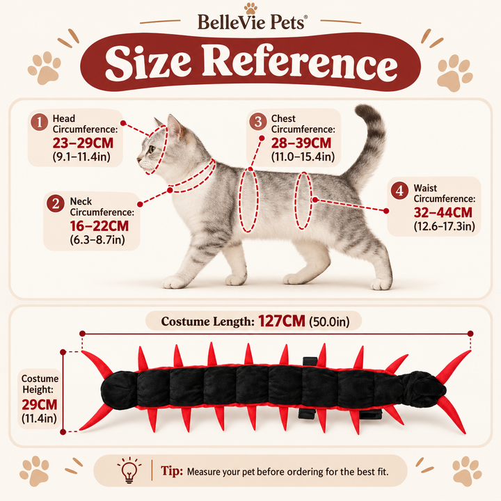 Centipede costume cat sizing guide with head neck chest and waist girths