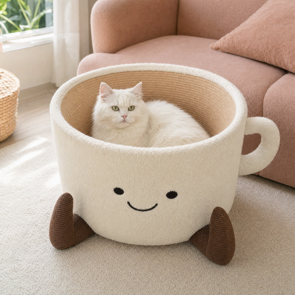 BelleVie CupNest cat bed and scratcher with white cat in a realistic living room