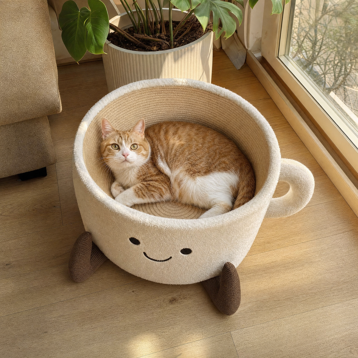BelleVie CupNest cat bed and scratcher with ginger and white cat beside a sunny window