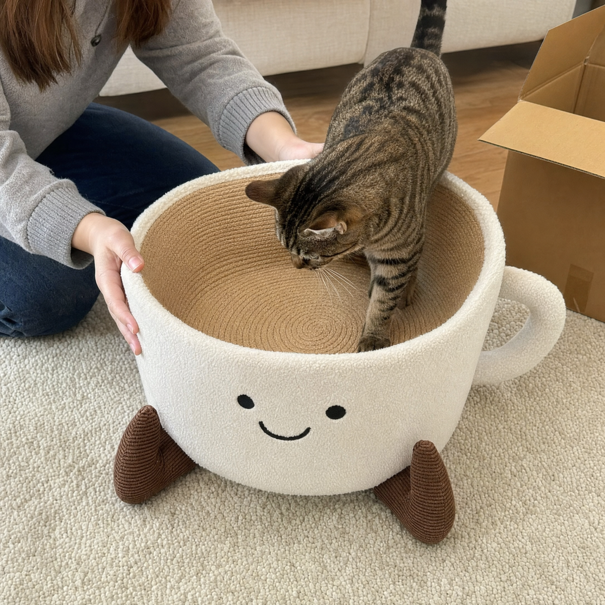 BelleVie CupNest cat bed and scratcher being introduced to a tabby cat in a realistic home unboxing scene