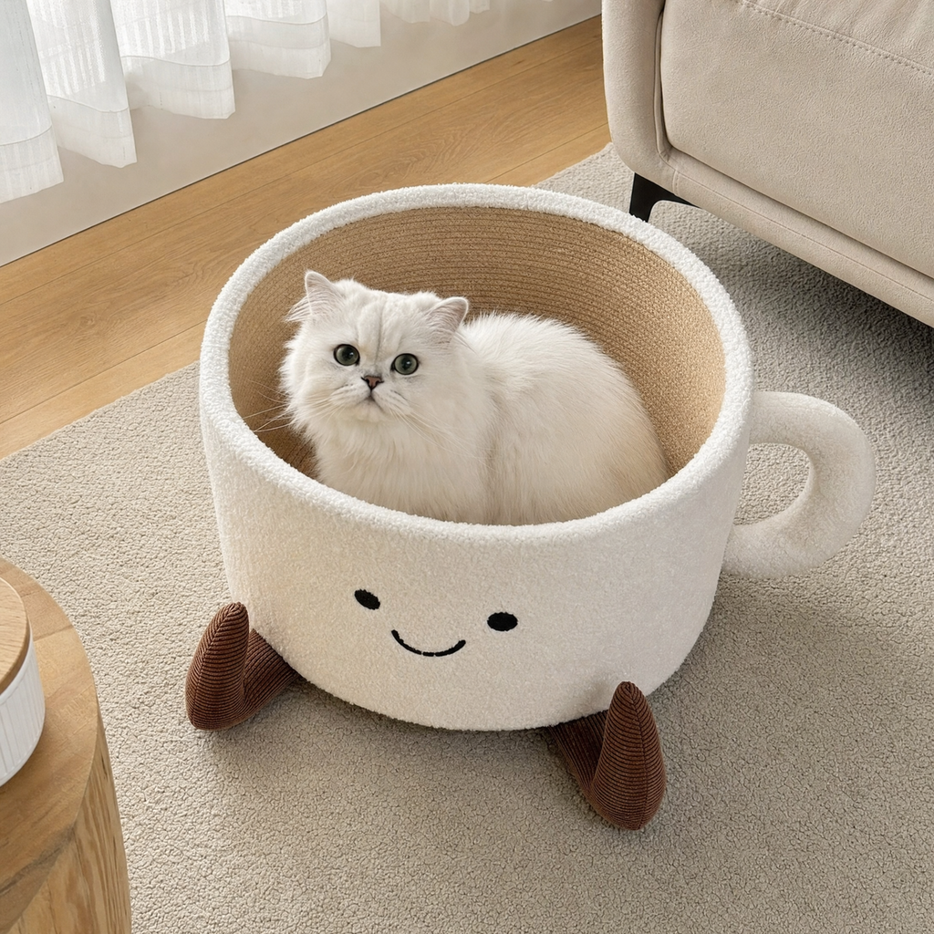 BelleVie CupNest cat bed and scratcher with fluffy white cat in a softly lit living room