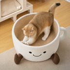 BelleVie CupNest in use at home with a cat interacting with the tan interior