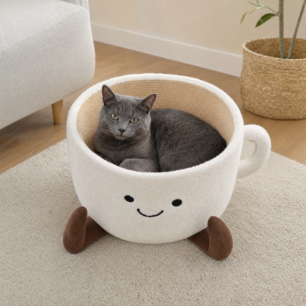 BelleVie CupNest with a grey cat relaxing inside in a bright neutral living room