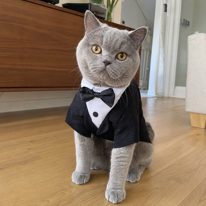 Silver British Shorthair in black and white BelleVie Dapper cat tuxedo shirt and tie
