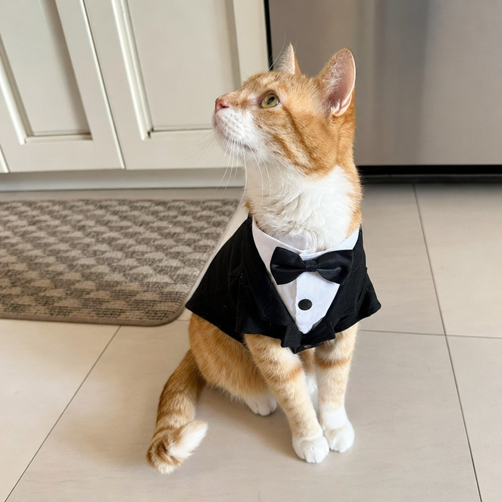 Ginger tabby cat wearing black and white BelleVie Dapper tuxedo shirt and tie