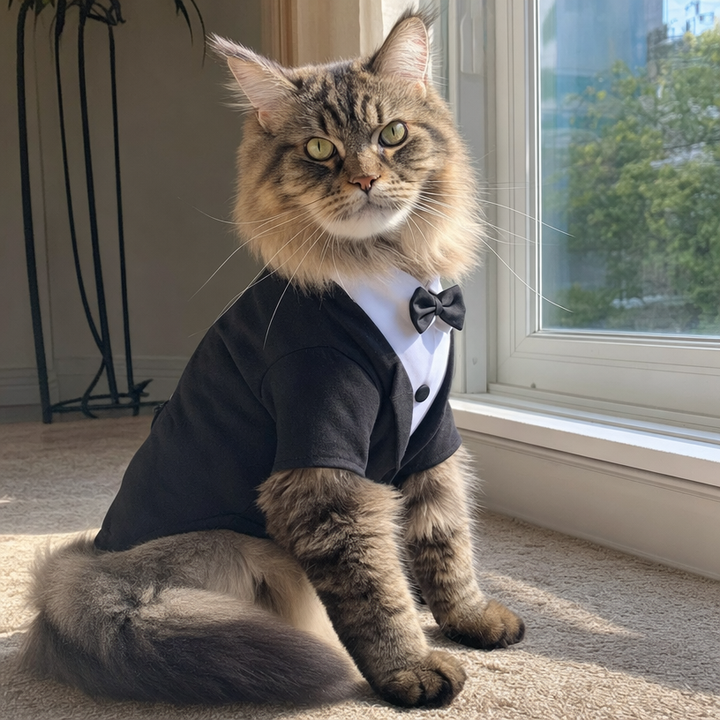Maine Coon cat wearing grey and white BelleVie Dapper tuxedo shirt and tie