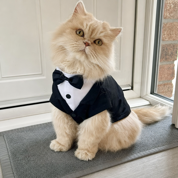 Persian cat wearing grey and white BelleVie Dapper tuxedo shirt and tie