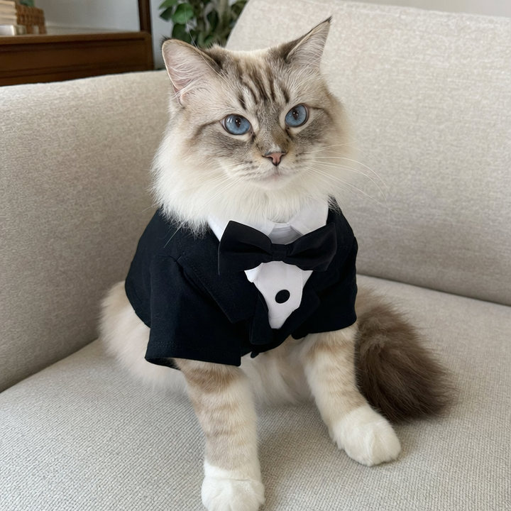 Ragdoll cat wearing black and white BelleVie Dapper tuxedo shirt and tie
