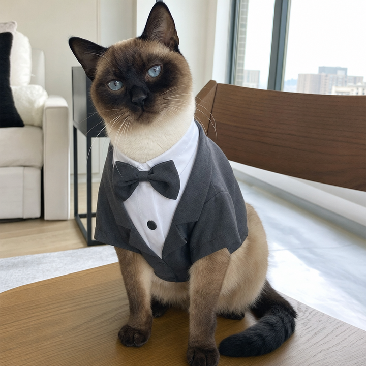 Siamese cat wearing grey and white BelleVie Dapper tuxedo shirt and tie