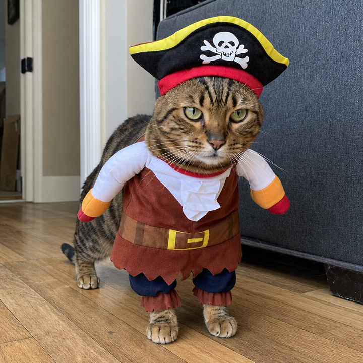 Spotted Bengal wearing BelleVie Captain Whiskers brown pirate costume and hat