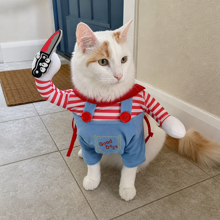 Turkish Van wearing Midnight Mischief Halloween outfit with foam photo prop