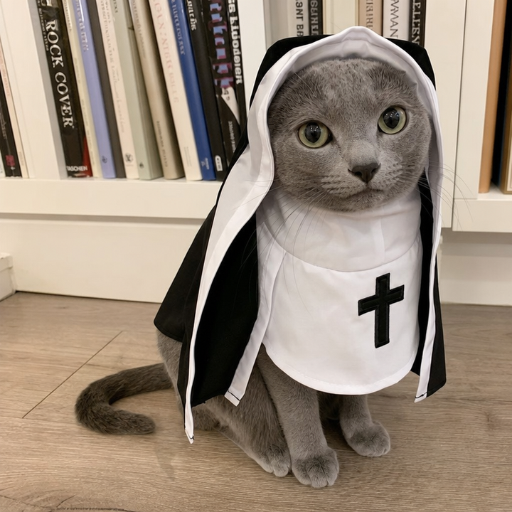Russian Blue cat wearing BelleVie Little Nun Halloween costume, natural home side view