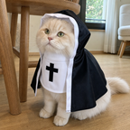 Cream British Longhair cat wearing BelleVie Little Nun black-and-white Halloween costume, natural phone photo