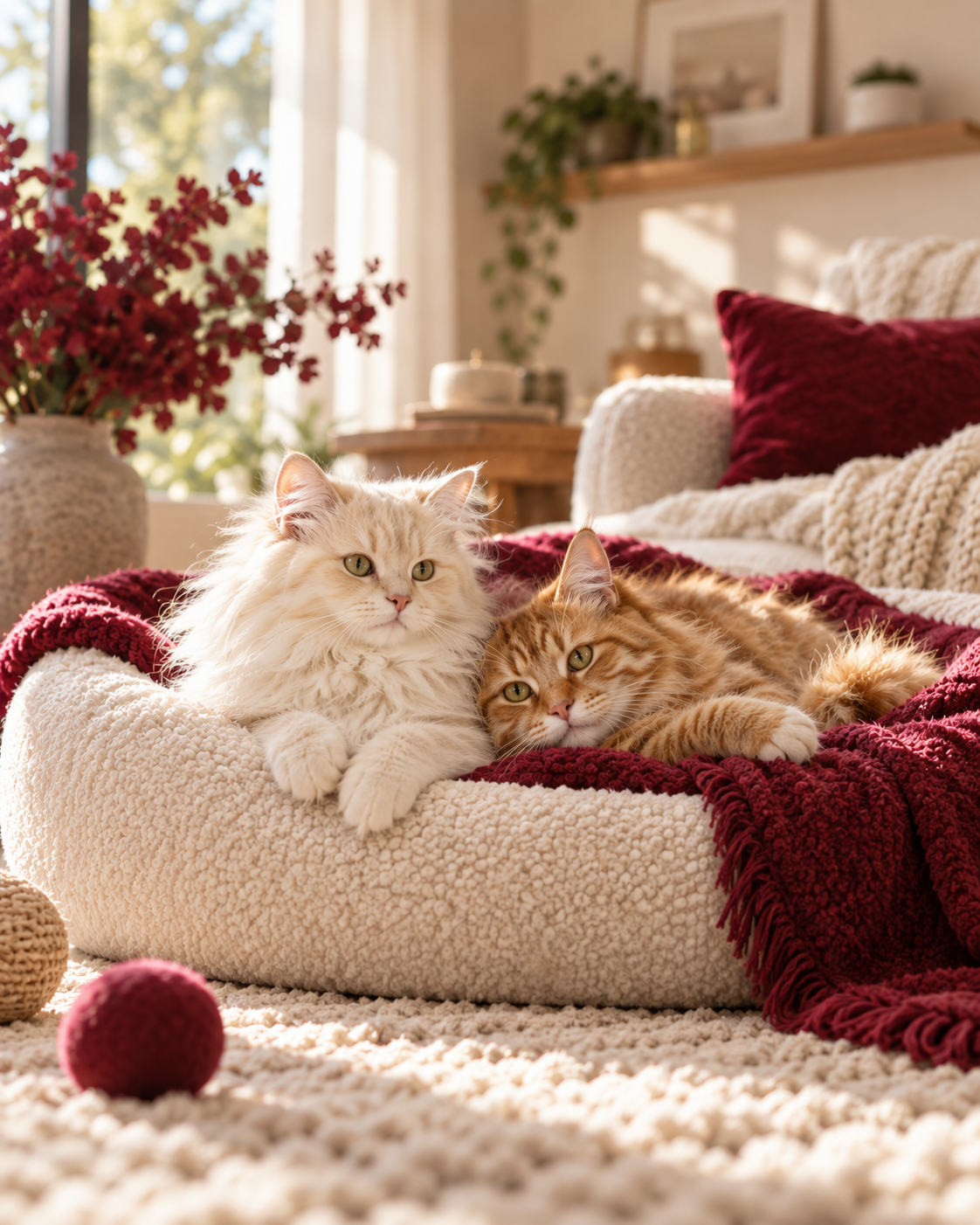 Two cats relaxing together in a cosy bed