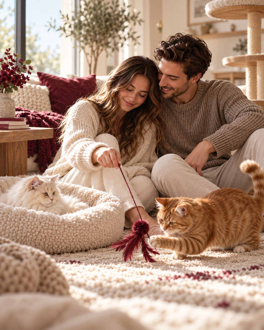 Couple playing with their cats at home