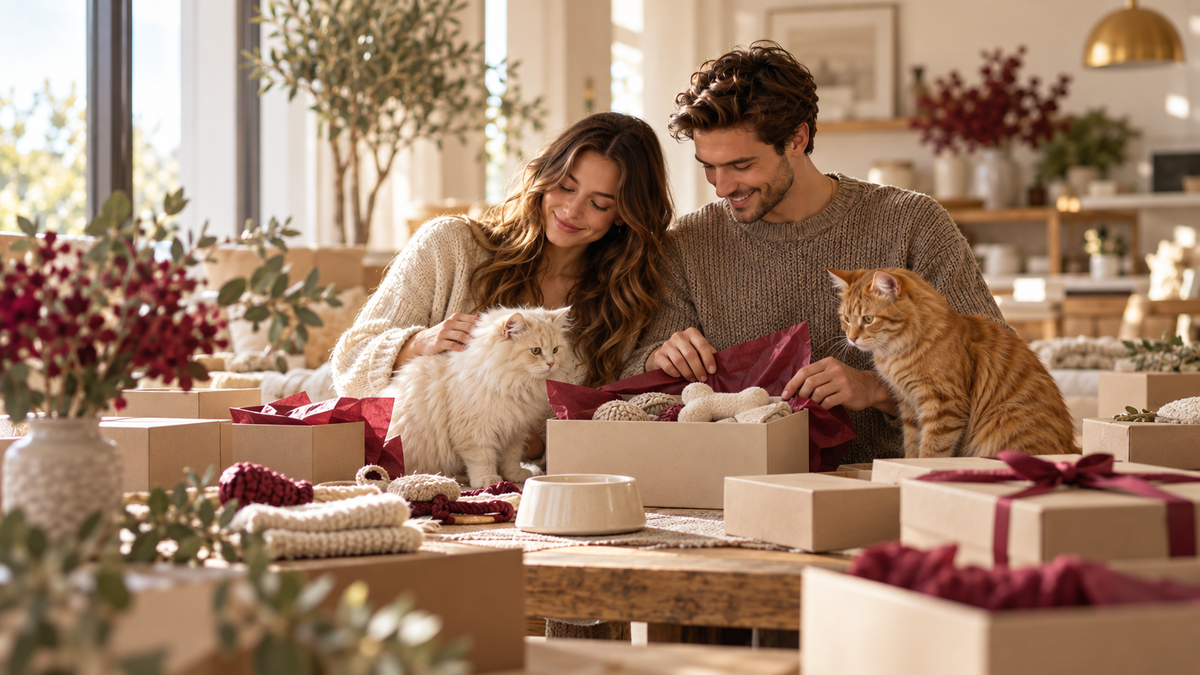 BelleVie Pets founders packing pet products with cats nearby