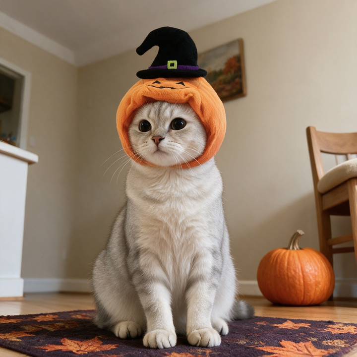 Square 720 x 720 lifestyle photograph of a cat wearing BelleVie Pumpkin Patch Halloween hat