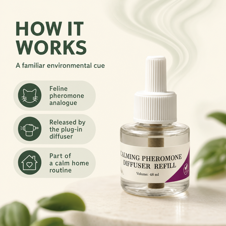 How CalmNest feline pheromone analogue refill works with diffuser for cat home routine