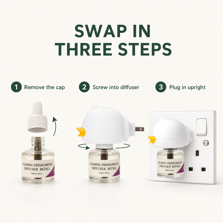 Three step CalmNest refill installation instructions for screw-in bottle