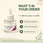 CalmNest 48 ml refill bottle box contents and indoor safety reminders
