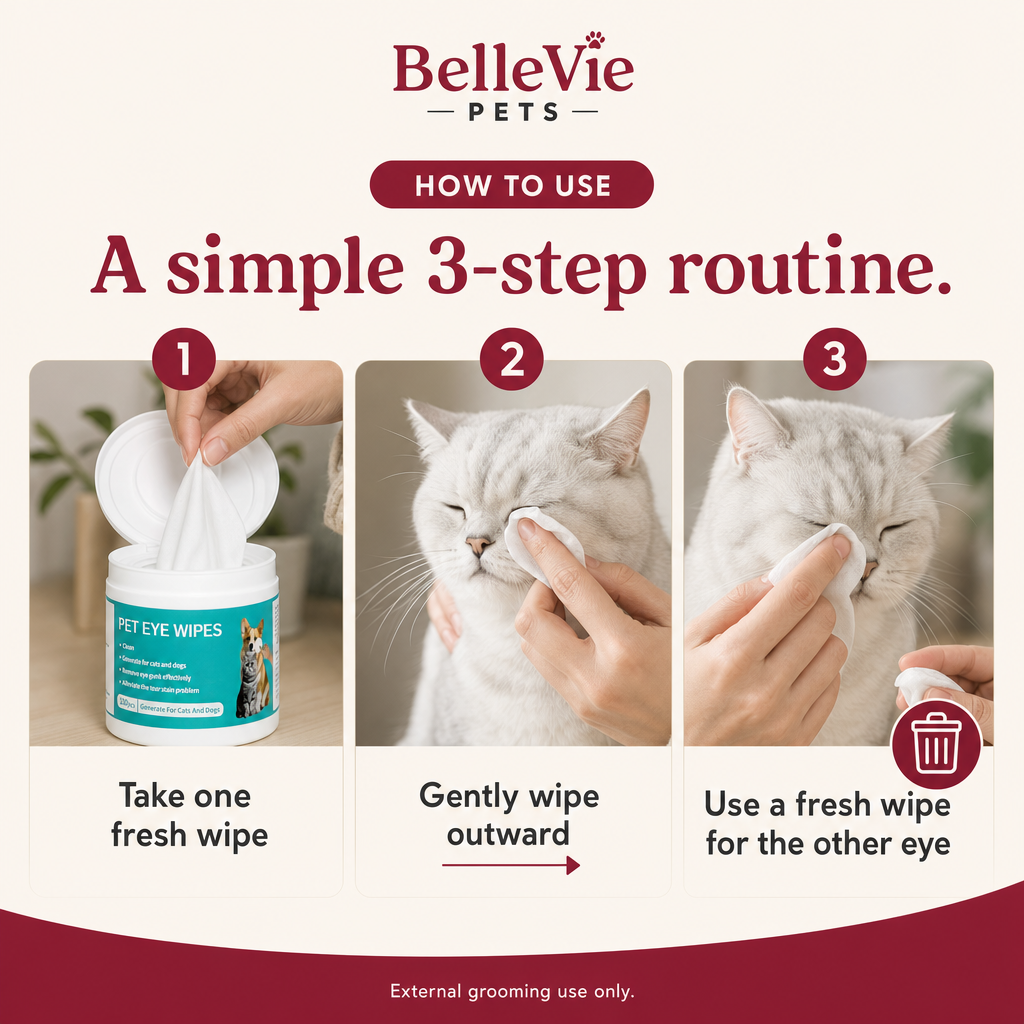BelleVie ClearPaw pet eye wipes three-step use guide