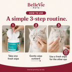 BelleVie ClearPaw pet eye wipes three-step use guide
