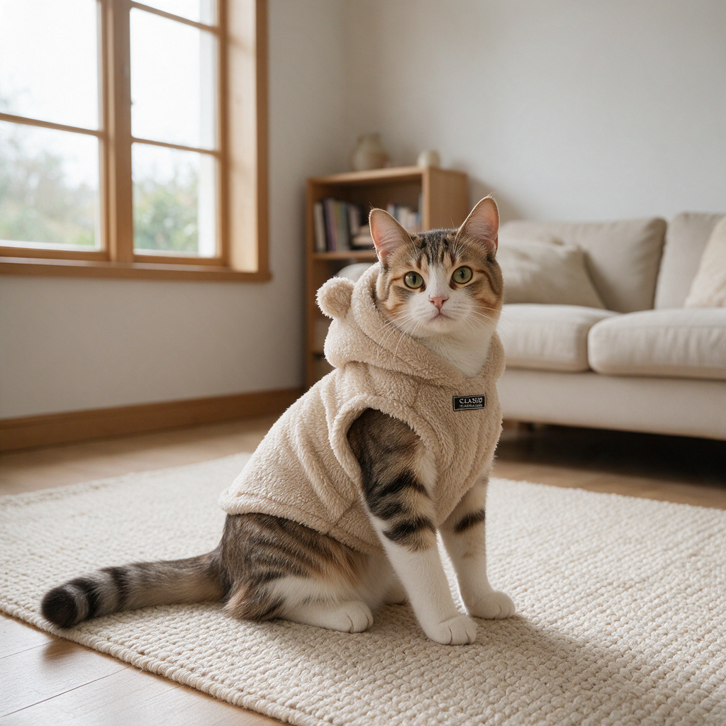 BelleVie CozyCloud Fleece Pet Hoodie in Beige, realistic cat at home UGC photo