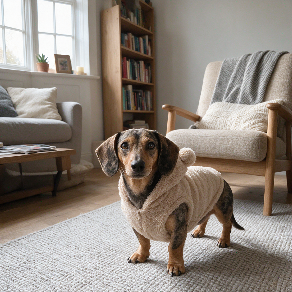 BelleVie CozyCloud Fleece Pet Hoodie in Beige, realistic small dog home UGC photo