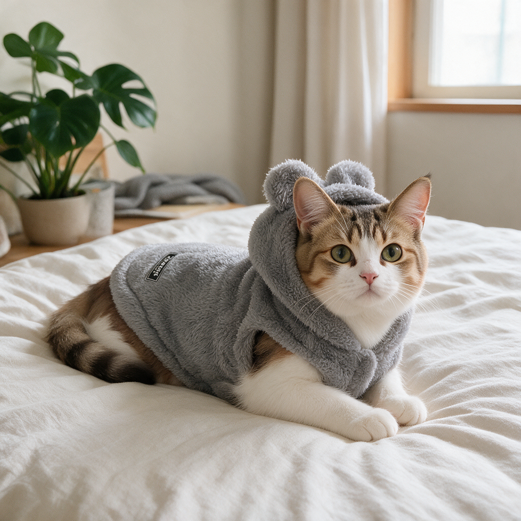 BelleVie CozyCloud Fleece Pet Hoodie in Gray, realistic cat at home UGC detail