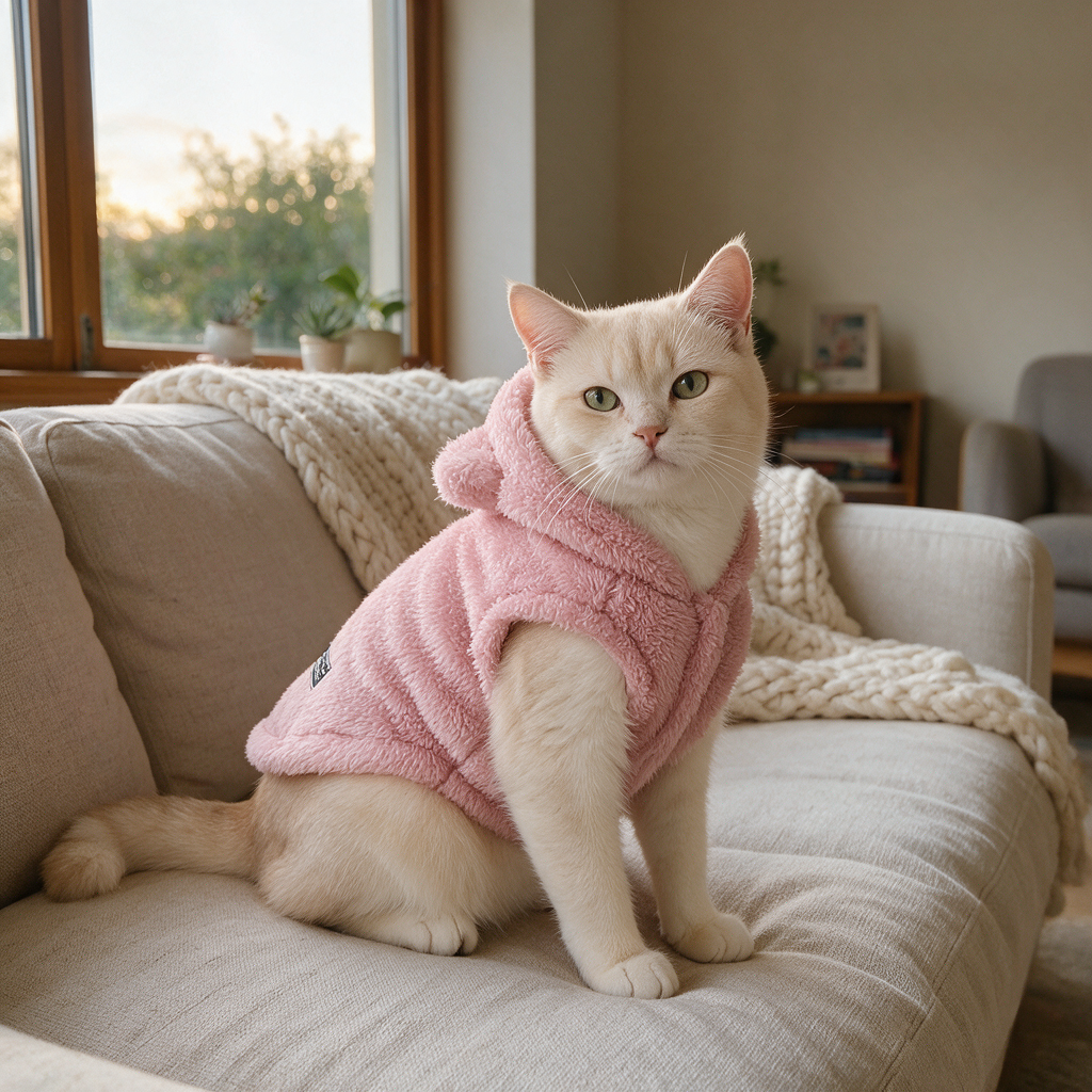 BelleVie CozyCloud Fleece Pet Hoodie in Pink, realistic cat at home UGC photo