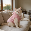 BelleVie CozyCloud Fleece Pet Hoodie in Pink, realistic cat at home UGC photo