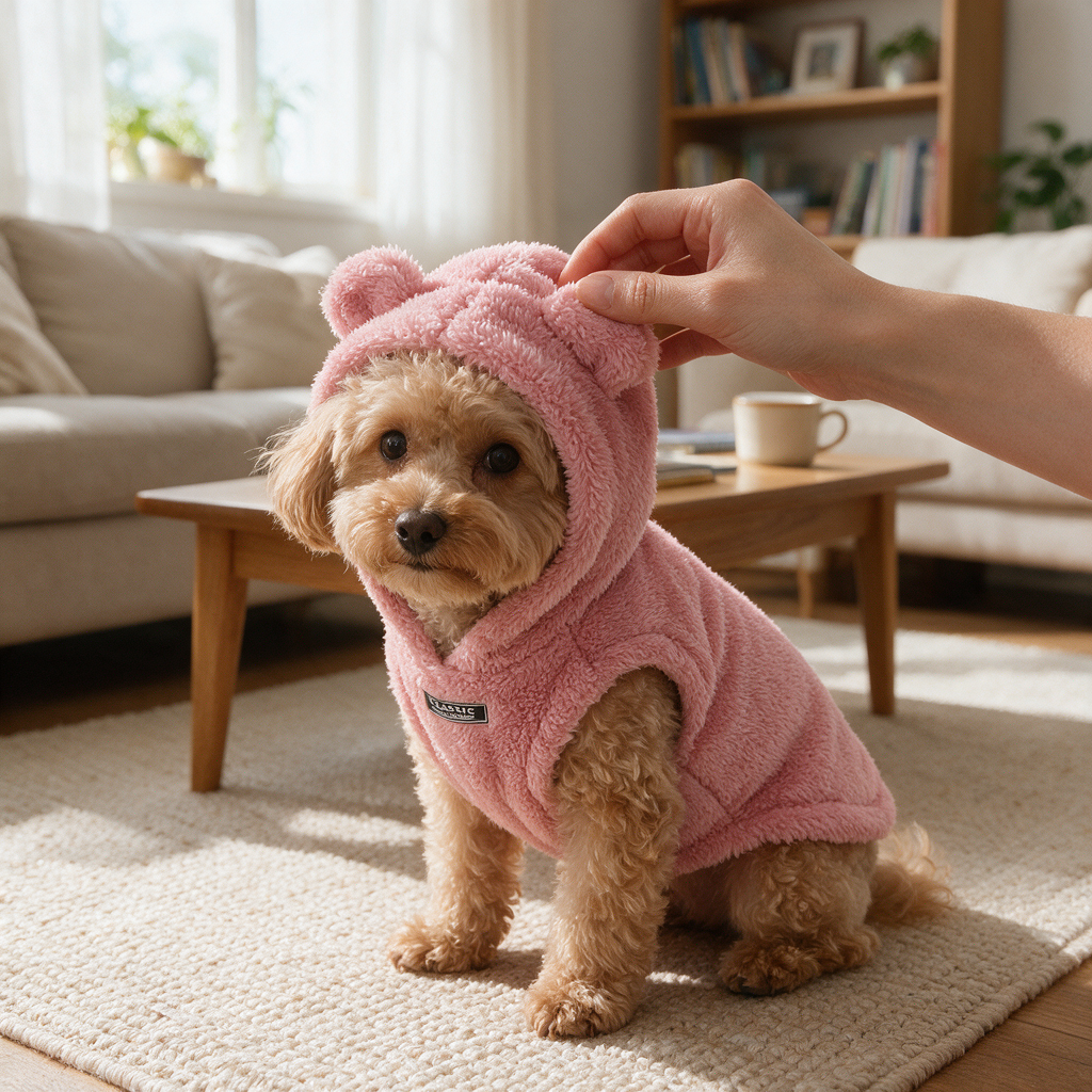 BelleVie CozyCloud Fleece Pet Hoodie in Pink, realistic small dog home UGC detail