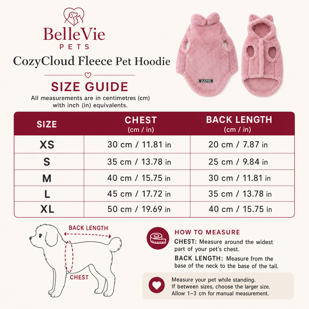 BelleVie CozyCloud Fleece Pet Hoodie UK and EU size guide