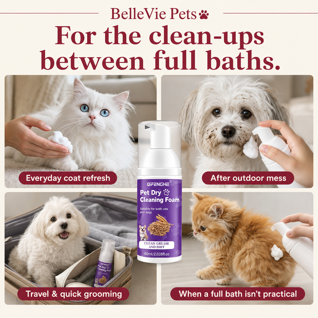 BelleVie FreshFoam waterless pet shampoo use cases