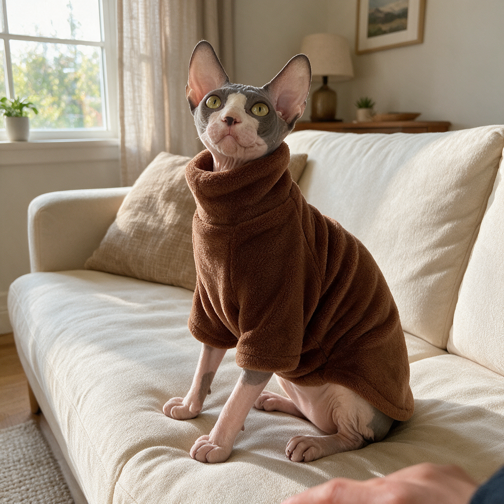 BelleVie TeddySoft fleece pet turtleneck in Coffee colour, realistic indoor UGC