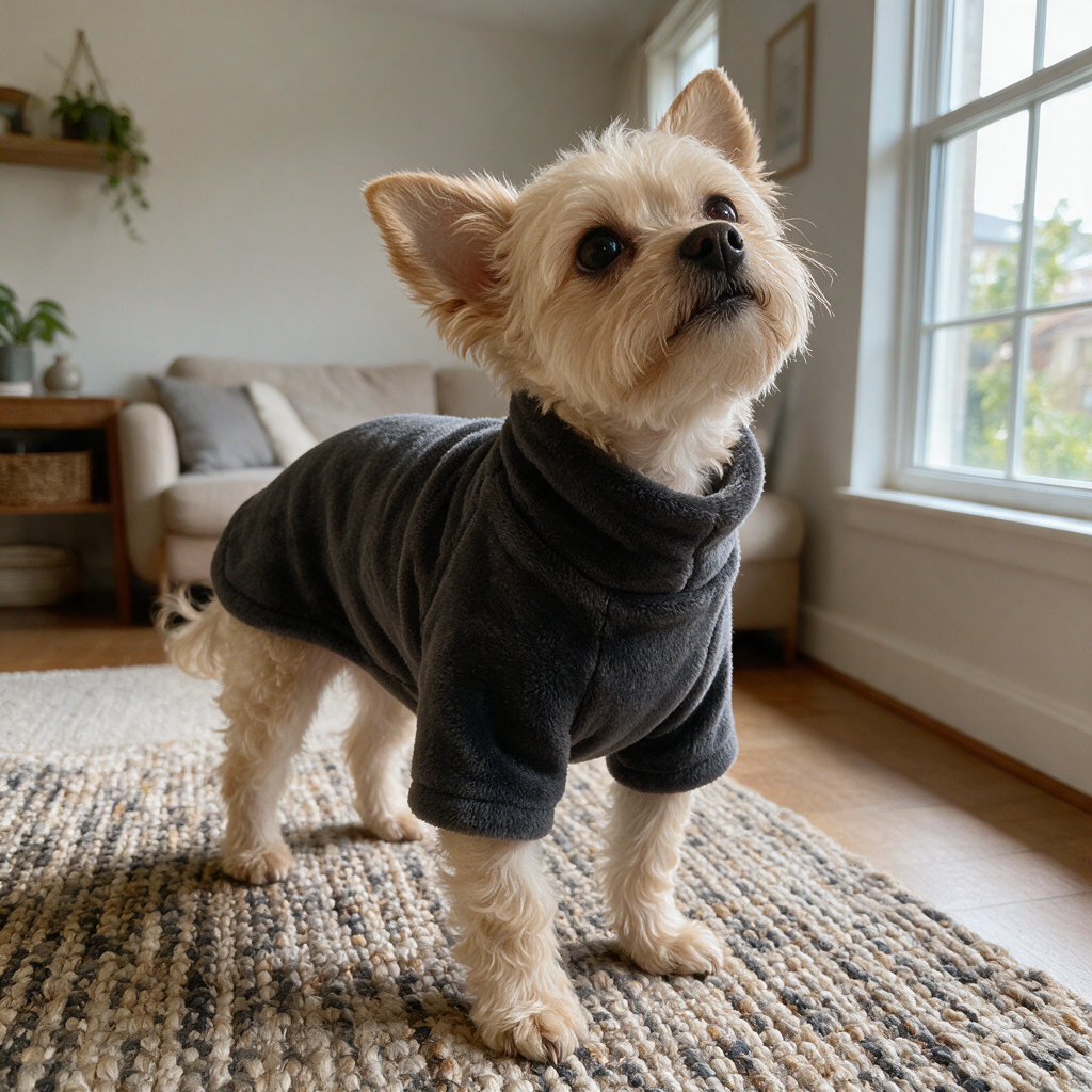 BelleVie TeddySoft fleece pet turtleneck in Grey colour, realistic indoor UGC