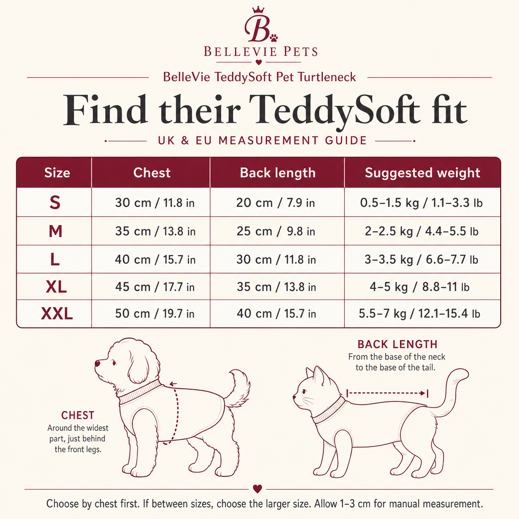 BelleVie TeddySoft pet turtleneck UK and EU size guide